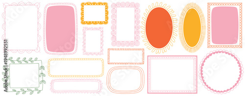 A collection of decorative frame in pink yellow and orange with floral and geometric patterns