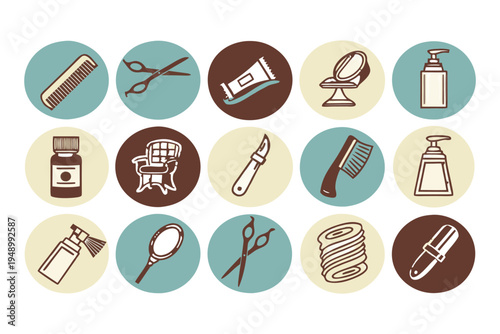 Professional Barber Shop Icon Set with Flat Design Symbols for Grooming. 
Hair Styling including Scissors, Razors, Combs, Shaving Brushes, Clippers. 
Barber Poles for Salon Branding.