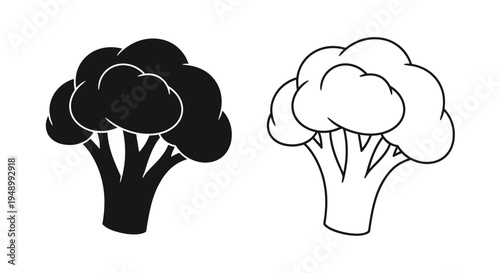 Broccoli illustration in black and white showing both filled and outline styles