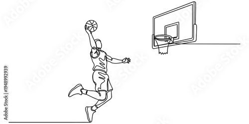 Basketball Player Jumping for Slam Dunk Minimal Continuous Line Art