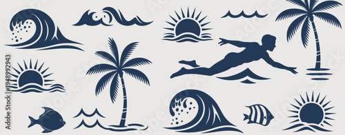 A collection of navy blue silhouette featuring waves, fish, palm trees, a swimmer, and sunrises