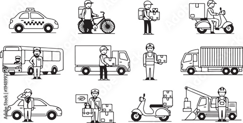 Collection of various delivery workers with vehicles and trucks in a line, including cars, vans, bicycles, and scooters