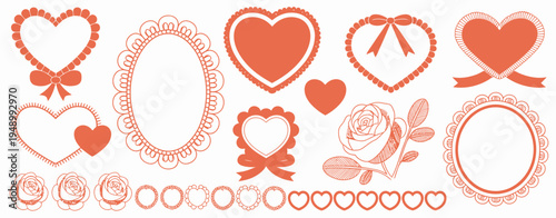 A collection of vintage style decorative featuring red hearts, roses, and lace patterns