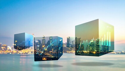 Floating holographic cubes reveal luminous skylines above water, symbolizing digital transformation, innovation, and the merging of real and virtual worlds in a vision of smart cities.