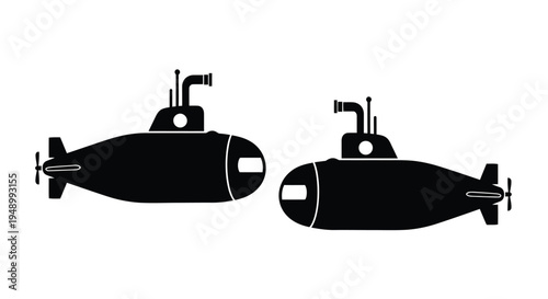 Two black silhouettes of submarines against a white background