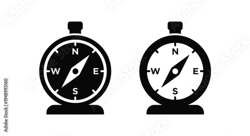Two black compass icons displaying north south east and west directions