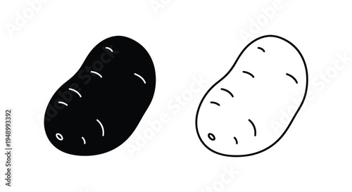 Two potatoes depicted in contrasting black and white line art styles