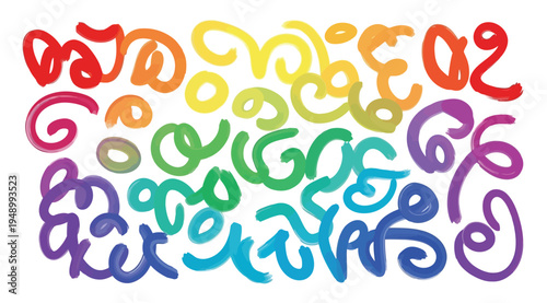 Colorful swirling shapes in rainbow hues on white background create a vibrant and playful visual effect with smooth curves