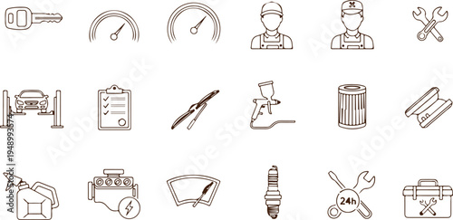 Collection of various tools and equipment icons in line style for industrial or construction use on white background