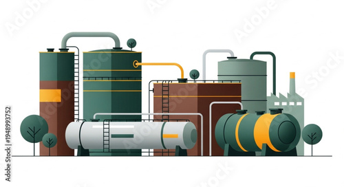 Stylized Industrial Plant Illustration with Tanks and Pipes.