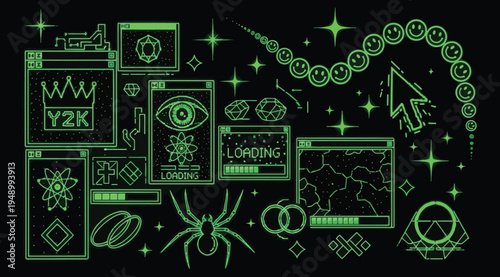 Neon green cyberpunk icons and symbols on a black background with star effects and a spider