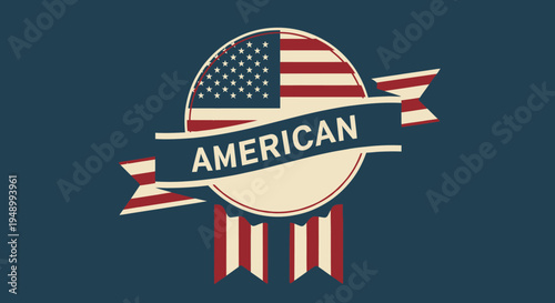 Vintage circular emblem featuring the American flag pattern and a banner proclaiming the word 'AMERICAN' against a dark blue backdrop.