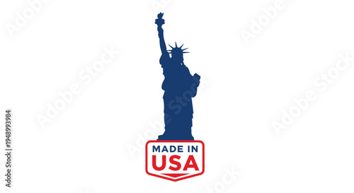 Silhouette of the Statue of Liberty stands above a red and white shield proclaiming 'Made in USA' for patriotic branding.