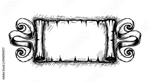 Frame scroll with ornate curled sides and blank space for text, hand-drawn in black. featuring illustration, drawing,