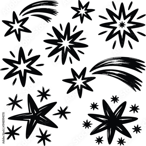 Collection of black starburst shapes and shooting stars on white background