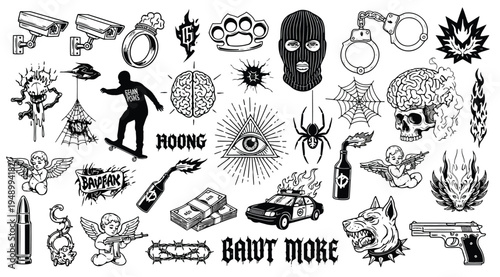 Collection of various tattoo designs and symbols including skulls, spiders, guns, and abstract shapes isolated on white background