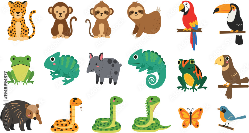 Fototapeta premium Cute Jungle Animals Vector Illustration Set Featuring Leopard, Monkey, Sloth, Parrot, Toucan, Chameleon, Frog, Anteater, Snakes, and Tropical Birds.