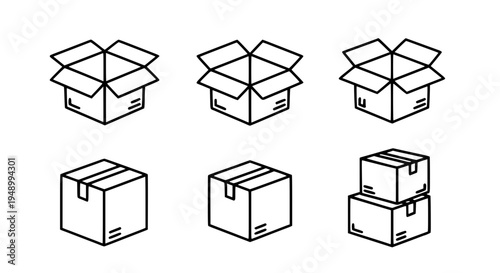 Boxes cardboard set with black outlines and various positions featuring packaging, shipping, delivery with storage and