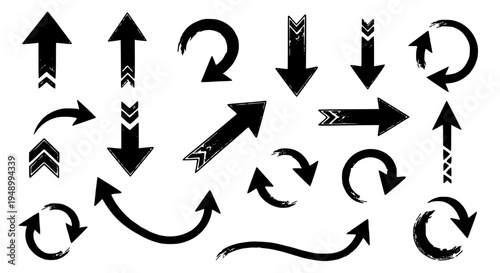 Arrows hand drawn set with black curved lines and straight sharp directional symbols. featuring graphics, icons, vector