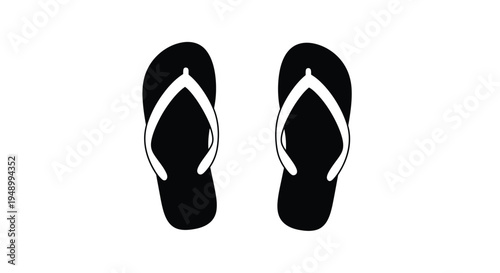 A pair of black flip flops with white straps viewed from above