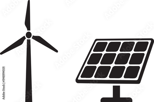 Renewable Green Energy Wind Turbine and Solar Panel Silhouettes