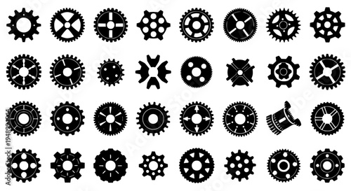 Gears set with various mechanical cogs and toothed wheels in black silhouette on white background featuring machinery,