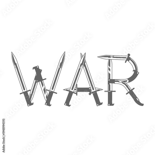 War text made of knives and daggers isolated on white