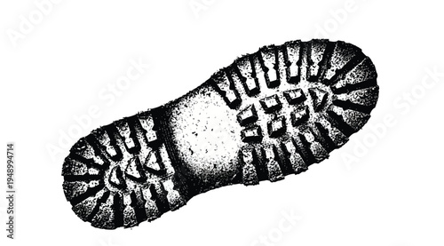 A black and white illustration of a shoe sole with a detailed tread pattern isolated on white background