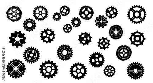 Gears set with black metallic cogs and toothed wheels in various sizes and shapes featuring mechanical parts,