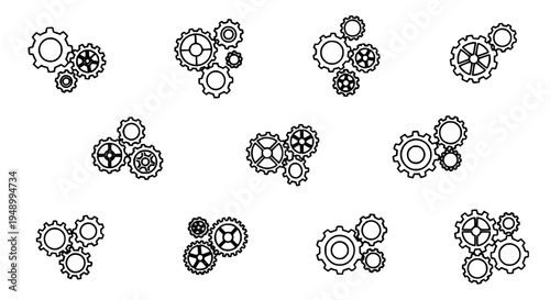 Gears set with interconnected mechanical cogs in black line art style on white background for industrial designs