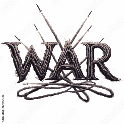 War concept with missiles and dramatic lettering isolated on white