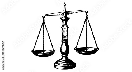Scales of justice with two balanced pans and ornate base, symbolizing fairness and equality in law featuring balance,