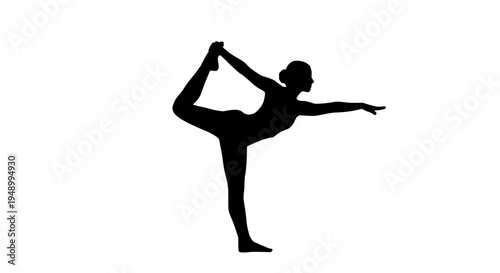 Woman practicing yoga in a standing bow pose with outstretched arm and leg. featuring silhouette, black, fitness with