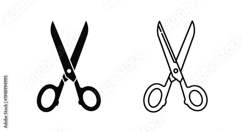Two pairs of scissors depicted in black and white line art styles