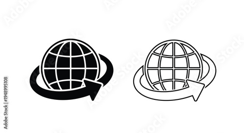 Two black and white globe icons with orbiting rings showcasing global connectivity