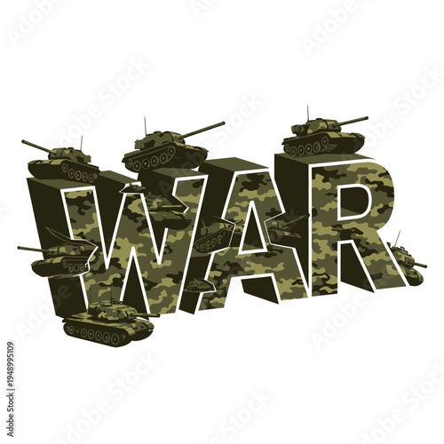 Camo tanks on word war isolated on white background vector