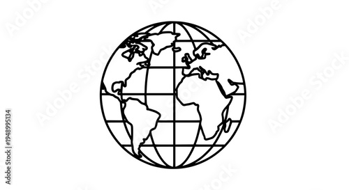 Globe icon with black lines and grid pattern on white background featuring earth, world, map with illustration and