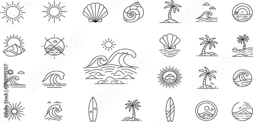 Summer Beach and Ocean Line Icon Set with Sun Waves Palm Trees Seashell Surfboards Tropical Island Vacation Outline Vector Collection