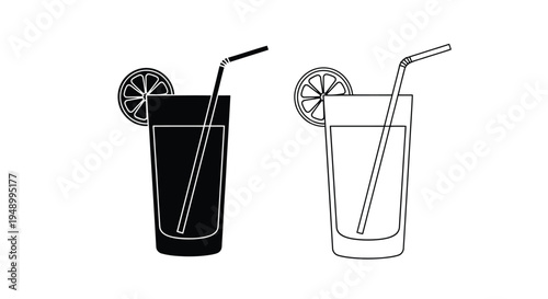 Two black and white illustrations of glasses with straws and lemon slices
