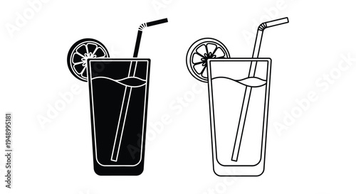 Two black and white illustrations of glasses with drinks and citrus slices