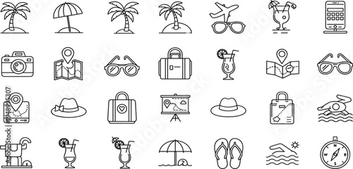 Summer Vacation Travel Line Icon Set with Palm Tree Sunglasses Cocktail Map Camera Airplane Beach Umbrella Flip Flops Tourism Symbols