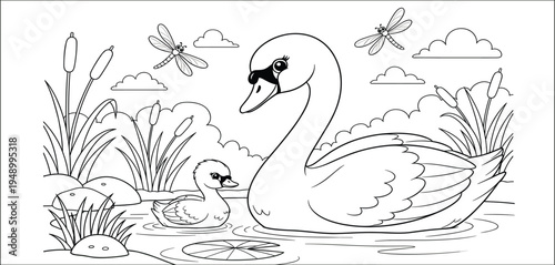 Swan and Cygnets Coloring Page Illustration with Pond, Reeds, and Dragonflies for Kids Coloring Book, Nature Education, and Wildlife Activity Sheets