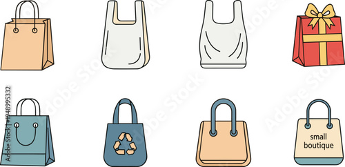 Collection of shopping bag icons including paper plastic recyclable and gift packaging retail symbols flat vector illustration