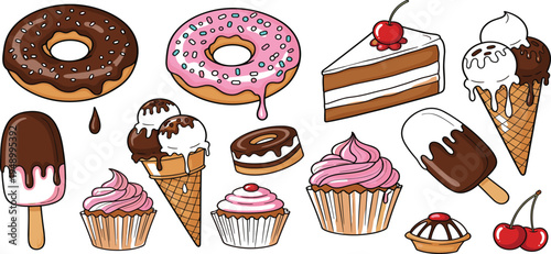 Sweet Dessert Vector Set Featuring Donuts, Ice Cream Cones, Cupcakes, Popsicles, Cake Slice, and Chocolate Treats for Bakery Menu, Food Illustrations, and Packaging Designs