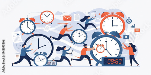 Time Management and Productivity Concept with People Running Around Clocks, Deadline Pressure, Work Schedule Planning, Efficiency, and Business Workflow Illustration