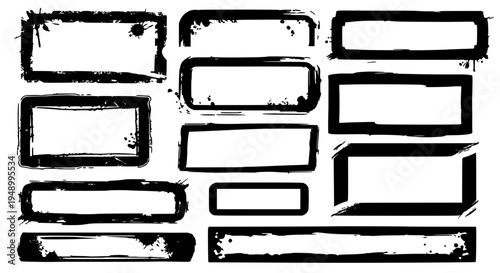 Labels hand drawn set with black grunge rectangular frames and text boxes featuring illustration, vector, graphic