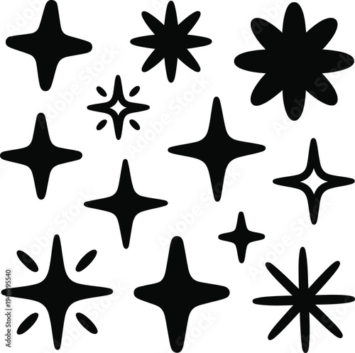 Collection of black starburst shapes on white background