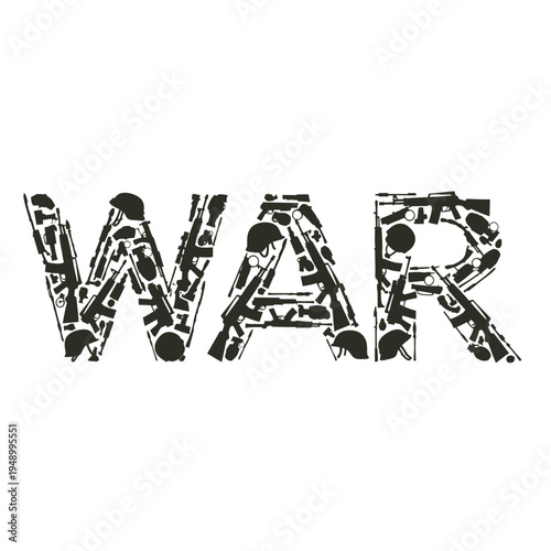 War concept with military weapons and helmets on white background