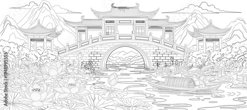 Traditional Asian Landscape Coloring Page with Temple Bridge, Lotus Pond, Mountains, and Garden Scenery for Adult Coloring Book and Cultural Illustration Design