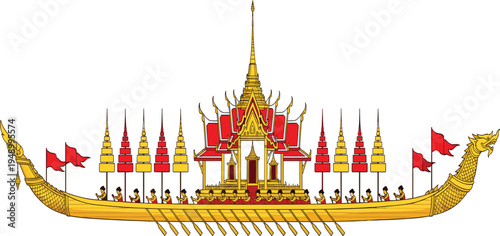 Traditional Thai Royal Barge Illustration with Ornate Temple Pavilion and Rowers in Golden Boat for Cultural Festival, Heritage Design, and Historical Artwork Projects